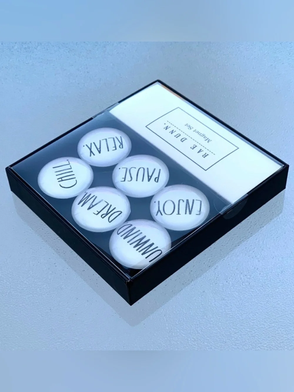 Rae Dunn Black and White Unwind 6 Glass-Dome Magnet Set